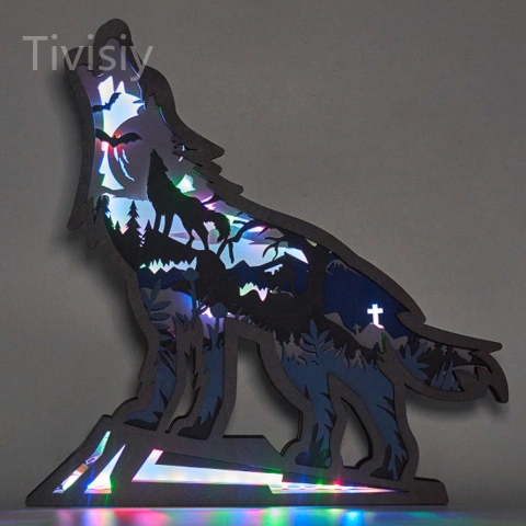Wolf Wood Animal Statue Lamp with Voice Control and Remote Control